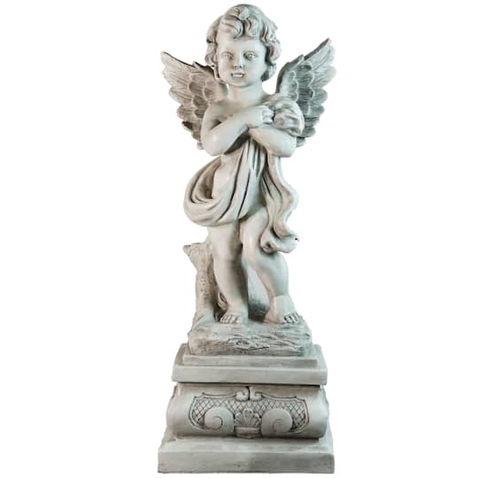 28.75" Gray Standing Cherub Angel on Pedestal Outdoor Statue